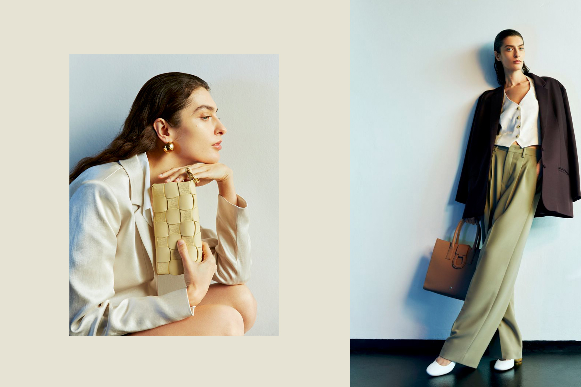 grazia germany Psst, Wir Lieben Quiet Luxury 3 Caucasian female model posing for a Grazia Germany fashion editorial, promoting luxury brands, Marc Cain, Veronica Bard, Casadei, Aigner.