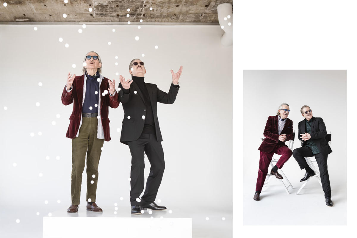 YELLO by Sobiralski at raw studios 05 On the left, YELLO stand beneath a high ceiling, tossing white spheres into the air, their expressions full of movement and energy. On the right, they sit casually on director’s chairs, engaged in conversation, highlighting their enduring creative partnership.