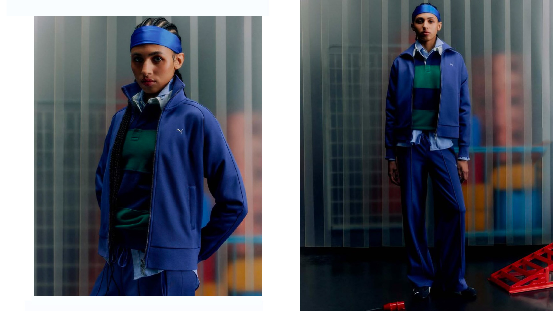 Model wearing a blue PUMA tracksuit and green-striped rugby shirt, styled with a blue headband. The scene is set against a softly lit vertical-blind background with a subtle industrial feel.
