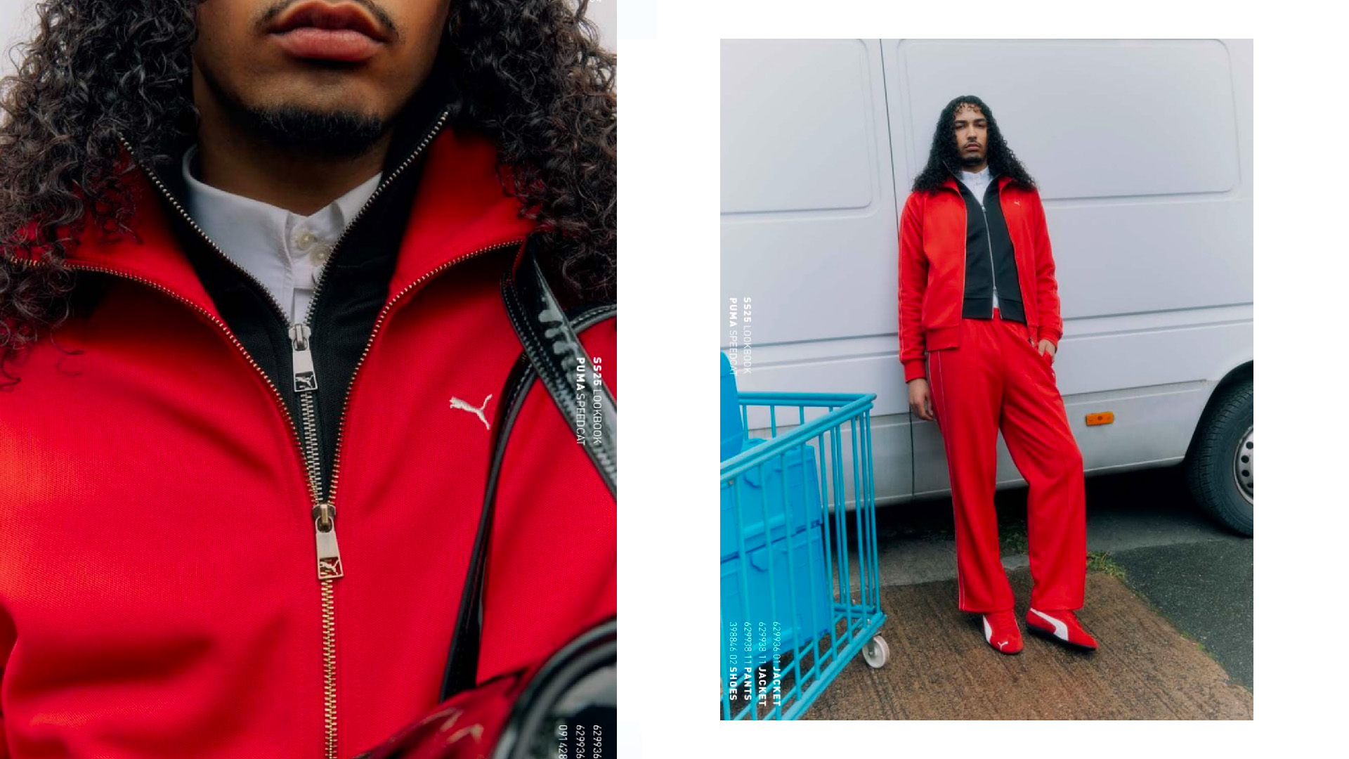 PUMA SS25 by Face 04 Split image: on the left, a close-up of a model in a red PUMA tracksuit with layered collars and a zip-up. On the right, a full-body shot of the same model standing confidently by a white van and blue cart, showcasing the bold streetwear styling.