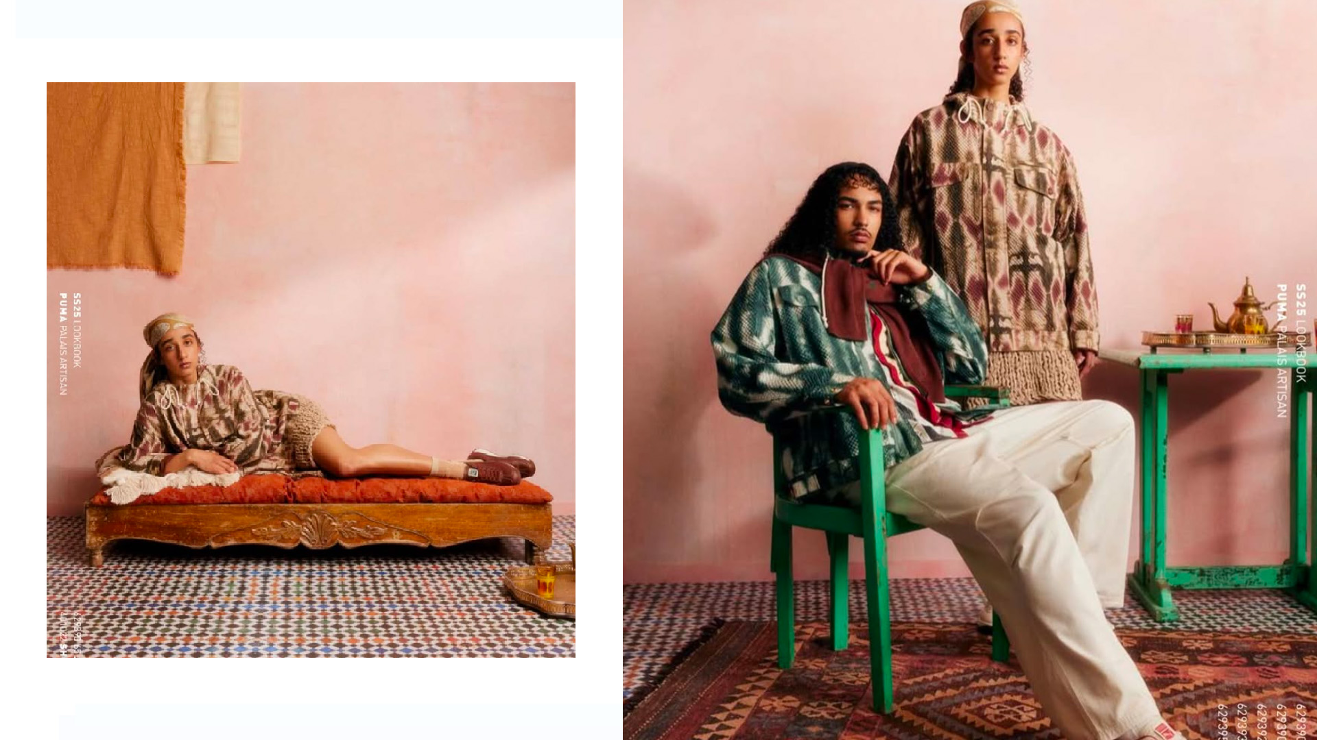 PUMA SS25 by Face 06 Left: Model lounges on a vintage couch in a relaxed patterned outfit with a headscarf. Right: Two models pose in eclectic layered pieces against a dusty pink wall and mosaic tile floor, evoking a nostalgic, culturally rich ambiance.