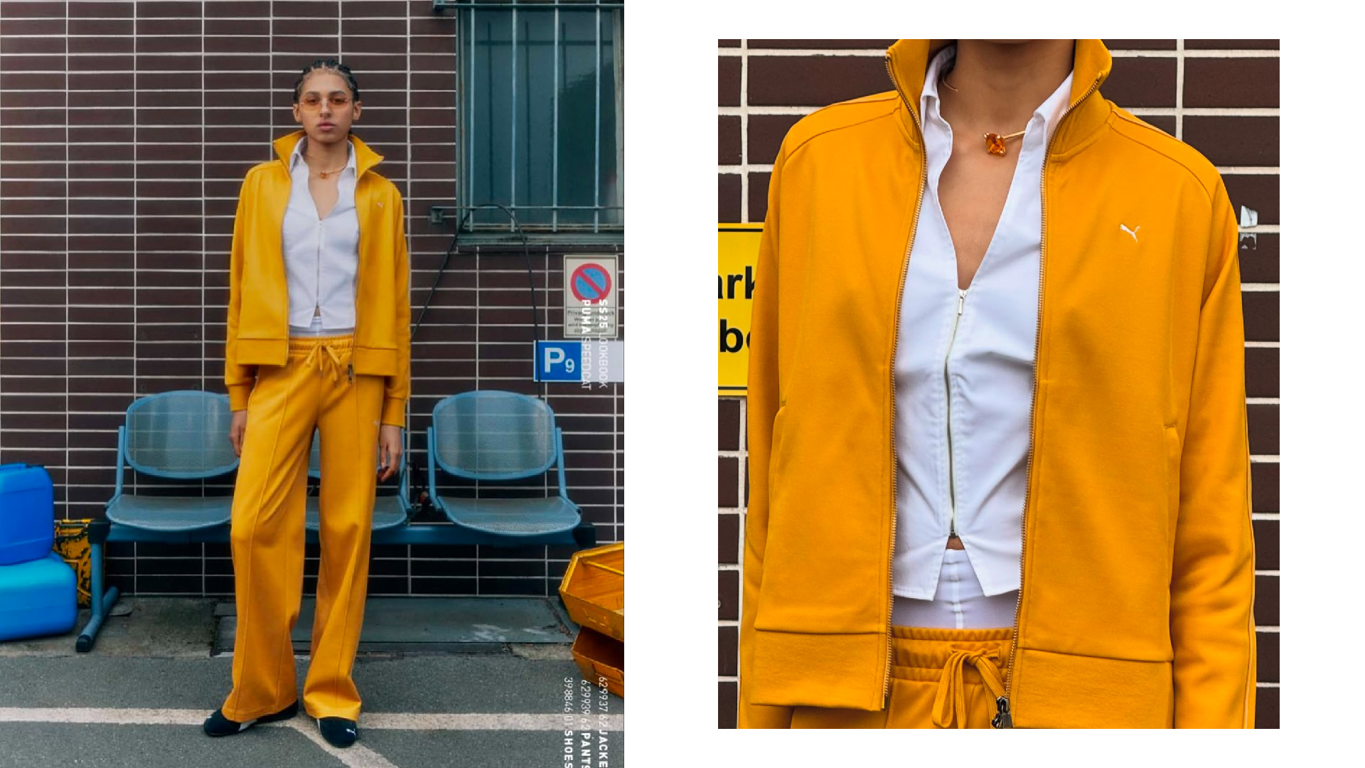 PUMA SS25 by Face 07 Split image: left shows a full-body shot of a model in a mustard yellow PUMA tracksuit standing against a brown brick wall, with plastic seating and signage in the background. Right is a close-up highlighting the zip-up jacket paired with a crisp white shirt and amber pendant.