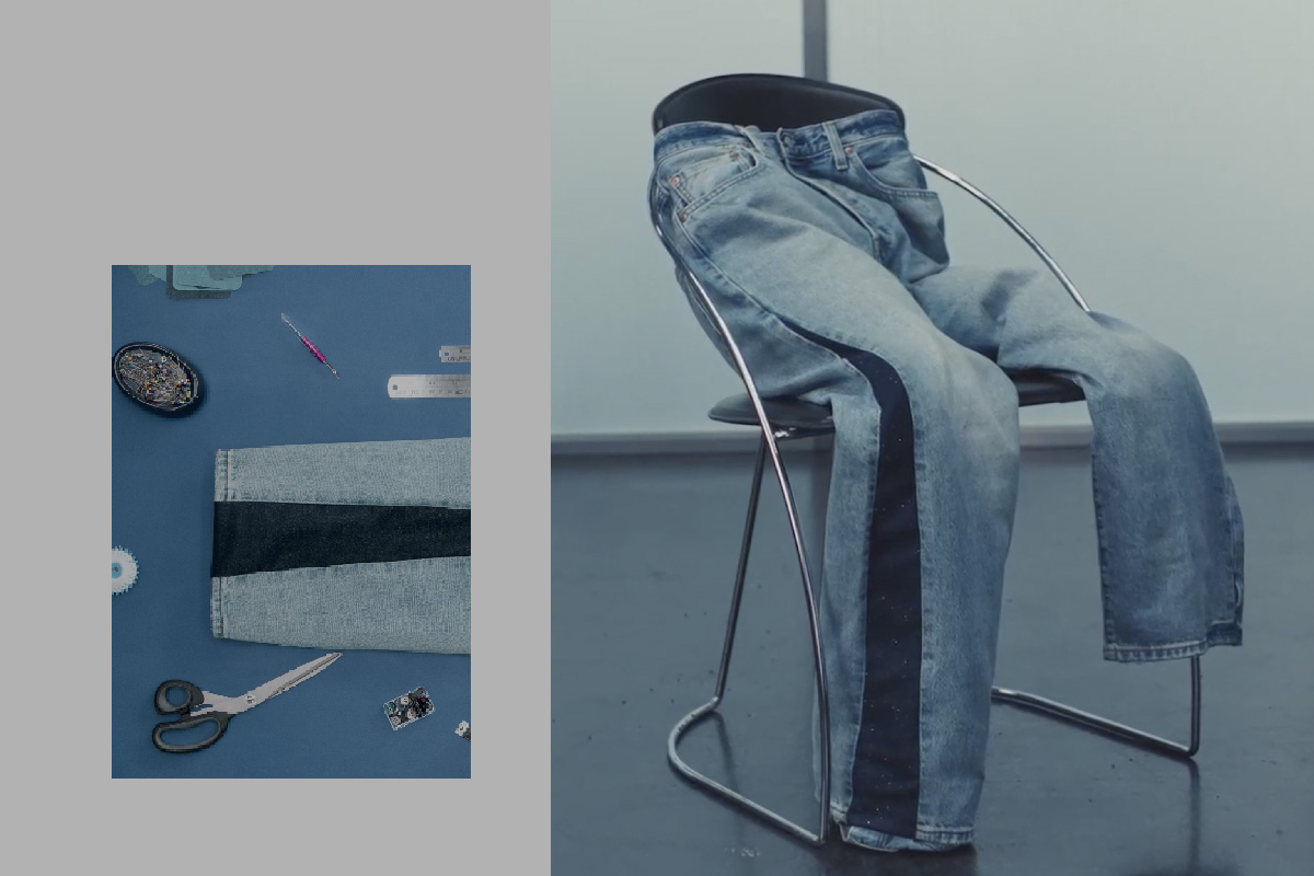 Split view: on the left, sewing tools and folded denim with a dark patch; on the right, a pair of custom jeans with a black side stripe draped over a modern metal chair, placed against a sleek, studio-style floor.