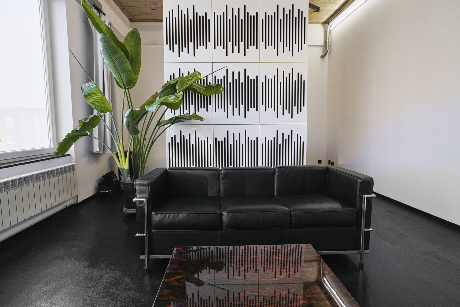 raw_studios_studio3_loungearea2_DE Studio 3 bei raw studios., ein Produktionsstudio in Berlin mit gemütlicher Sitzecke, Bananenpflanze und minimalistischem Sofa