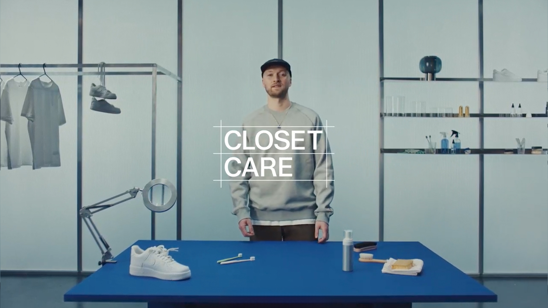 Berlin sneaker expert Max Reiter aka Maxplore stands in Zalando’s Closet Care studio at raw studios. for Episode 2, showcasing sneaker cleaning tools on a modern set. Photo Studio Berlin Rental.
