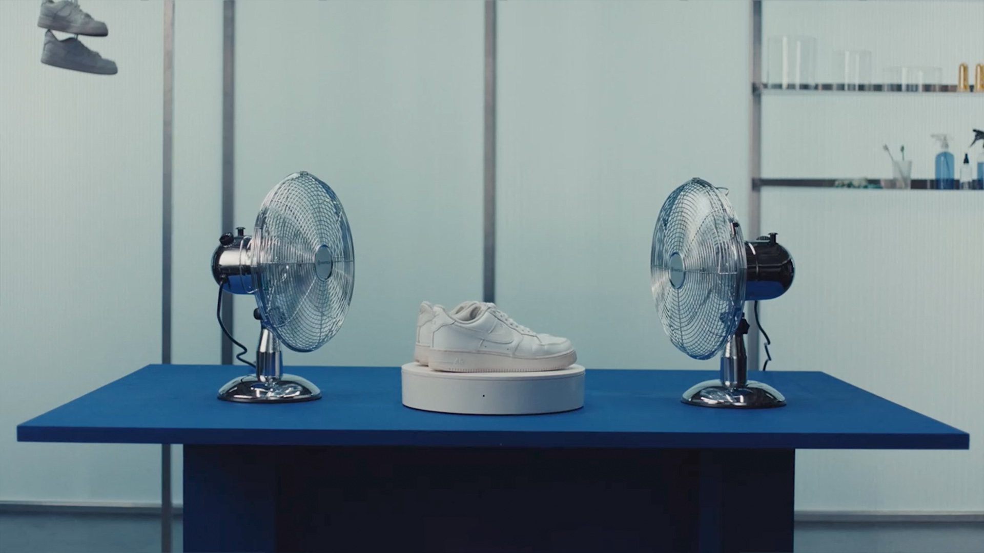 White Nike sneakers dry with fans in Zalando Closet Care Episode 2 filmed at raw studios. Berlin photo studio rental location with clean modern set.