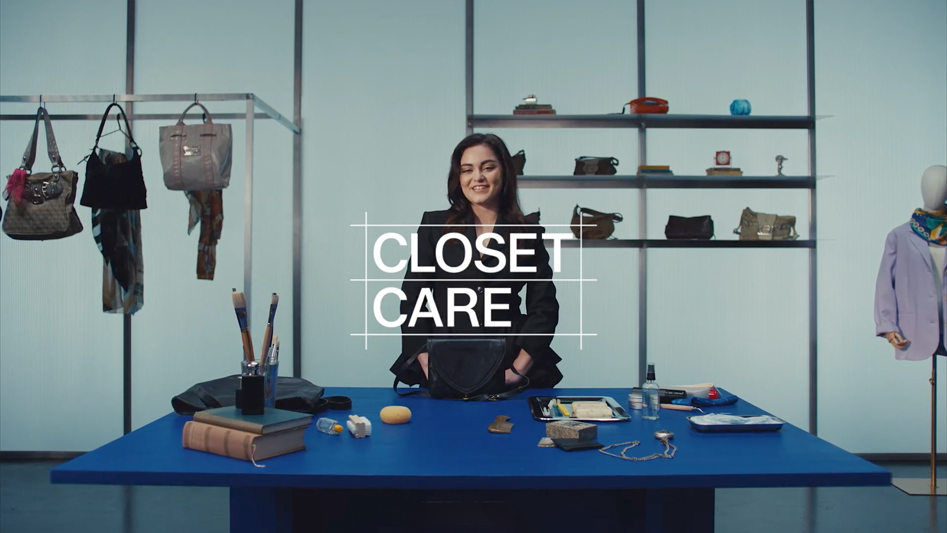 Berlin stylist Neslihan Değerli aka Nessie in Zalando’s Closet Care studio at raw studios. for Episode 3, surrounded by handbags and cleaning products. Creative Rental Space Berlin.