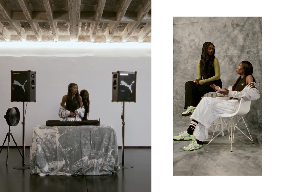 DJs rice and stew perform in a minimalist photo studio setup at raw studios. Berlin, with PUMA branding, black floors, and a textured ceiling — captured at our daylight rental studio in Berlin.