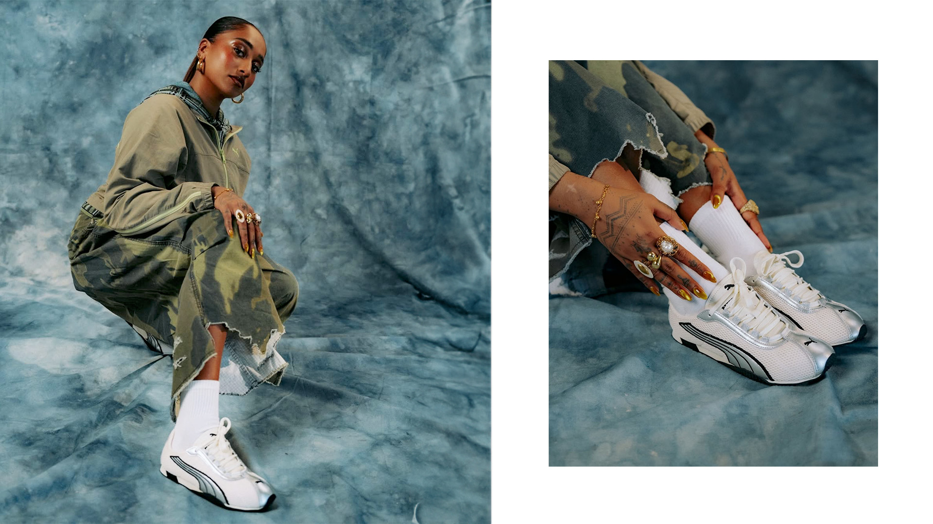 Portrait of DJ Shifaligero in camo pants and white PUMA sneakers on a blue fabric backdrop — shot at raw studios., a daylight photography studio in Berlin.
