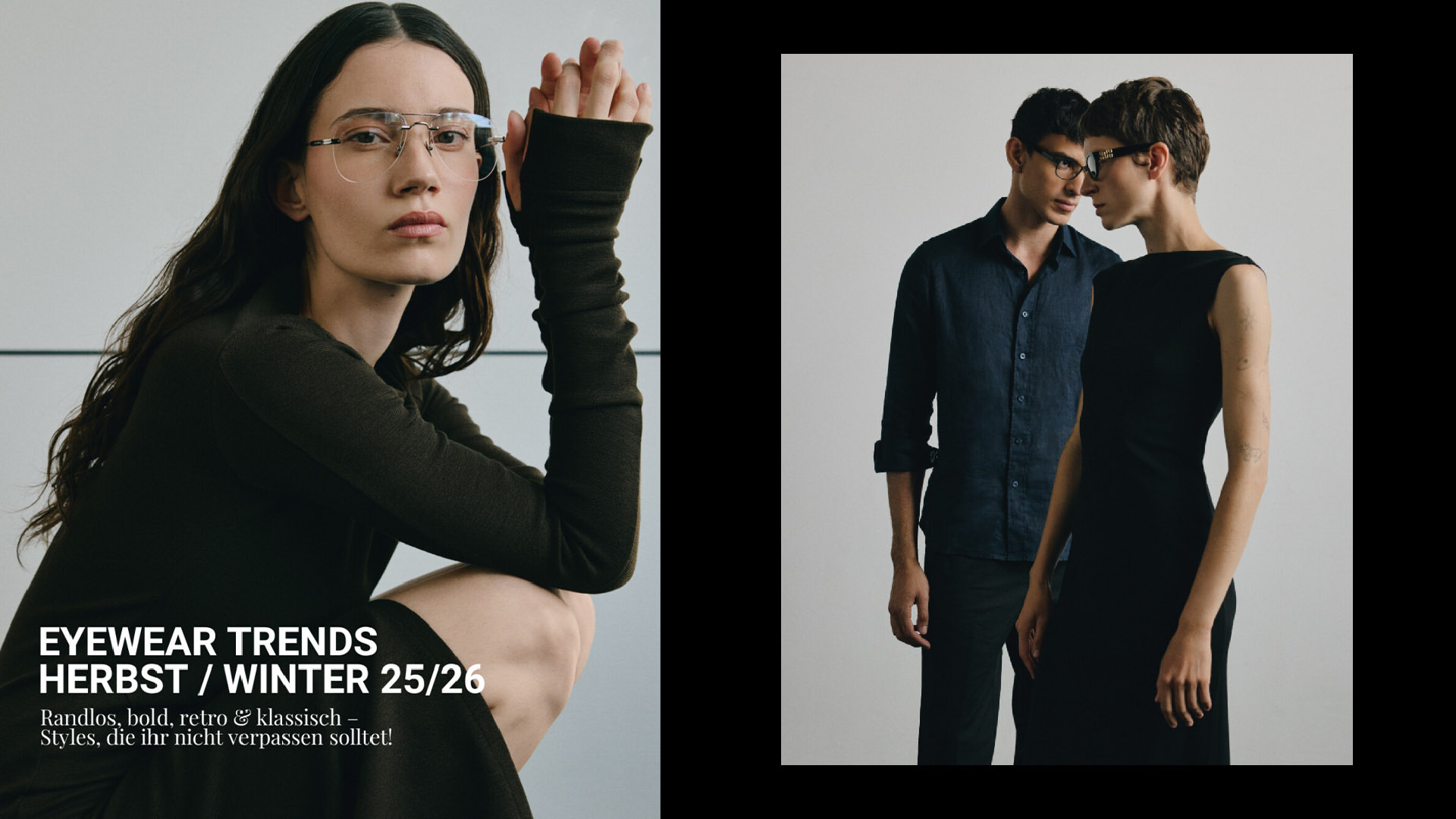 Model in rimless glasses posing in minimalist setting, alongside two models in bold retro-inspired frames – Mister Spex Eyewear Trends 25/26 at raw studios Berlin.