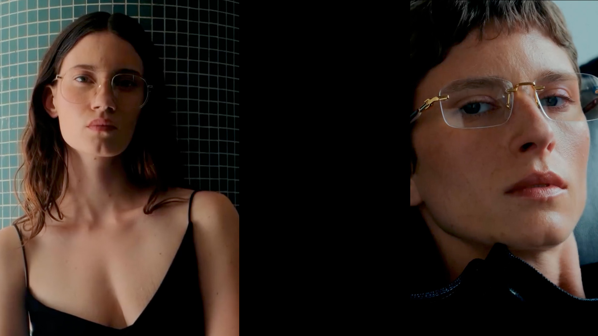 Models wearing rimless and gold-detailed glasses in close-up portraits, highlighting elegant minimalism – Mister Spex 25/26 campaign at raw studios Berlin.