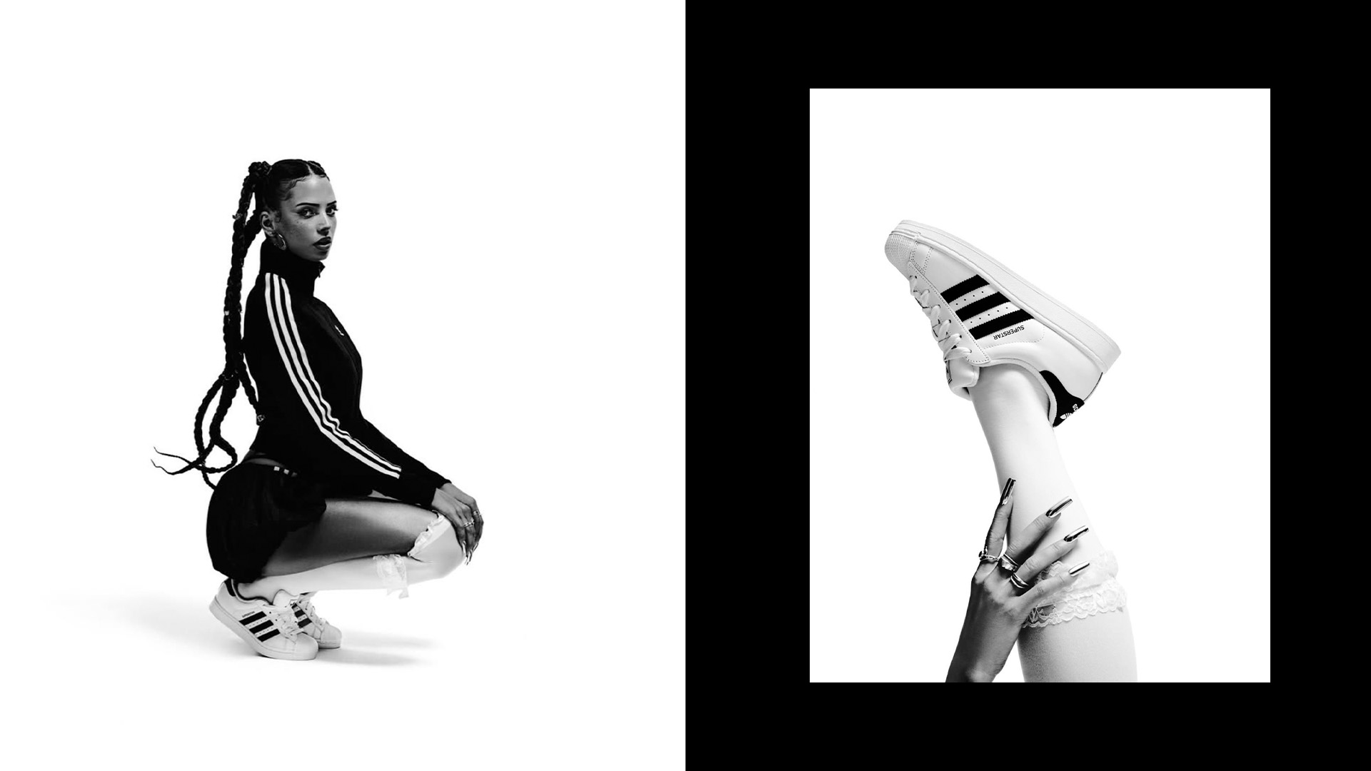 Nina Chuba wearing Adidas Superstar sneakers during campaign shoot at raw studios Berlin, photographed in black-and-white style at foto studios berlin.