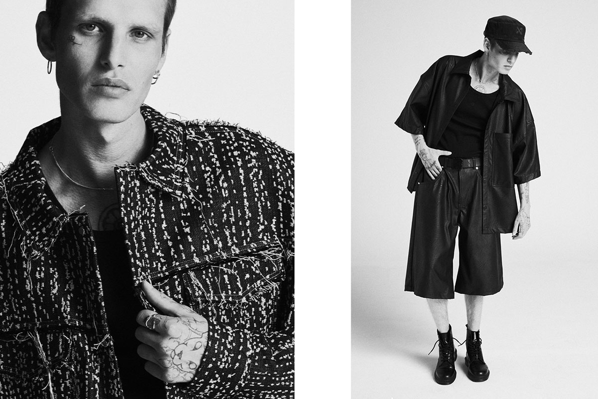 nowrubi at raw studios by bert spangemacher 5 Close-up and full-body shots of model in nowrubi capsule collection at raw studios – textured black jacket, leather shorts and boots, fashion photography in Berlin Rental Studio.