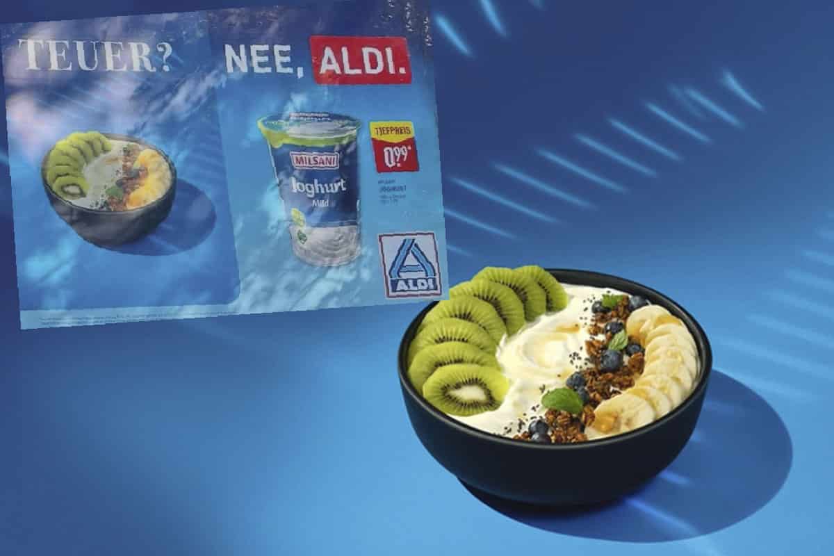 “Food photography setup for ALDI Nord ‘Teuer? Nee, ALDI.’ campaign shot at raw studios Berlin — yogurt bowl with kiwi, banana, and granola styled against blue background.”