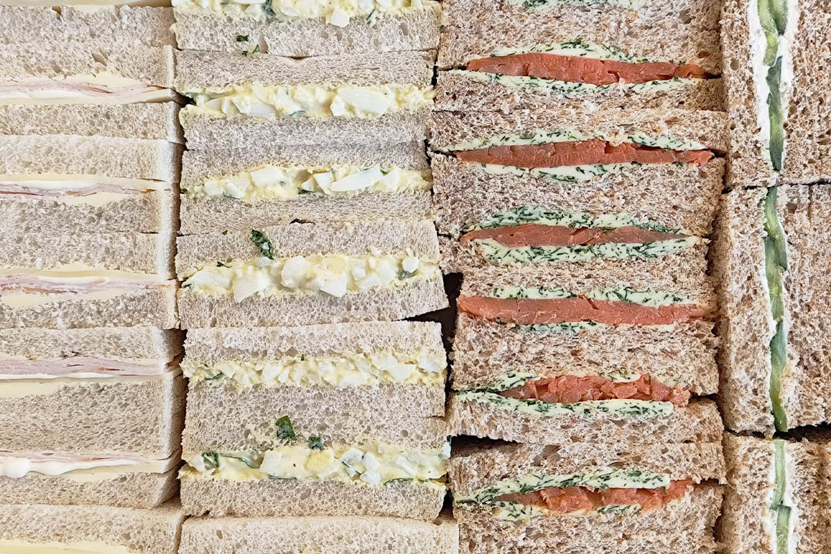 In-house prepared tea sandwiches made fresh for client catering during productions and events at raw studios, a professional rental studio in Berlin.